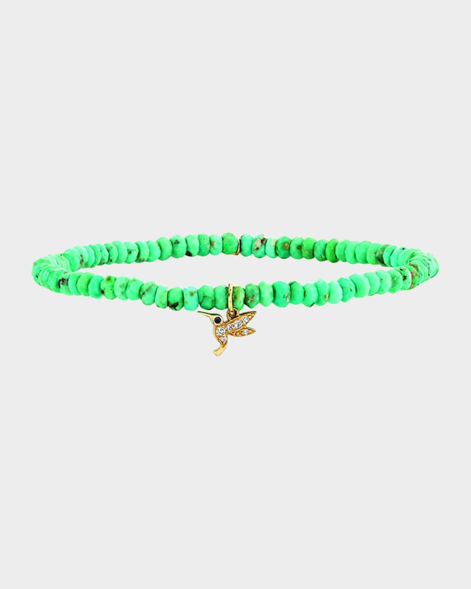 14K Yellow Gold Tiny Hummingbird Diamond Charm and Arizona Turquoise Bead Bracelet